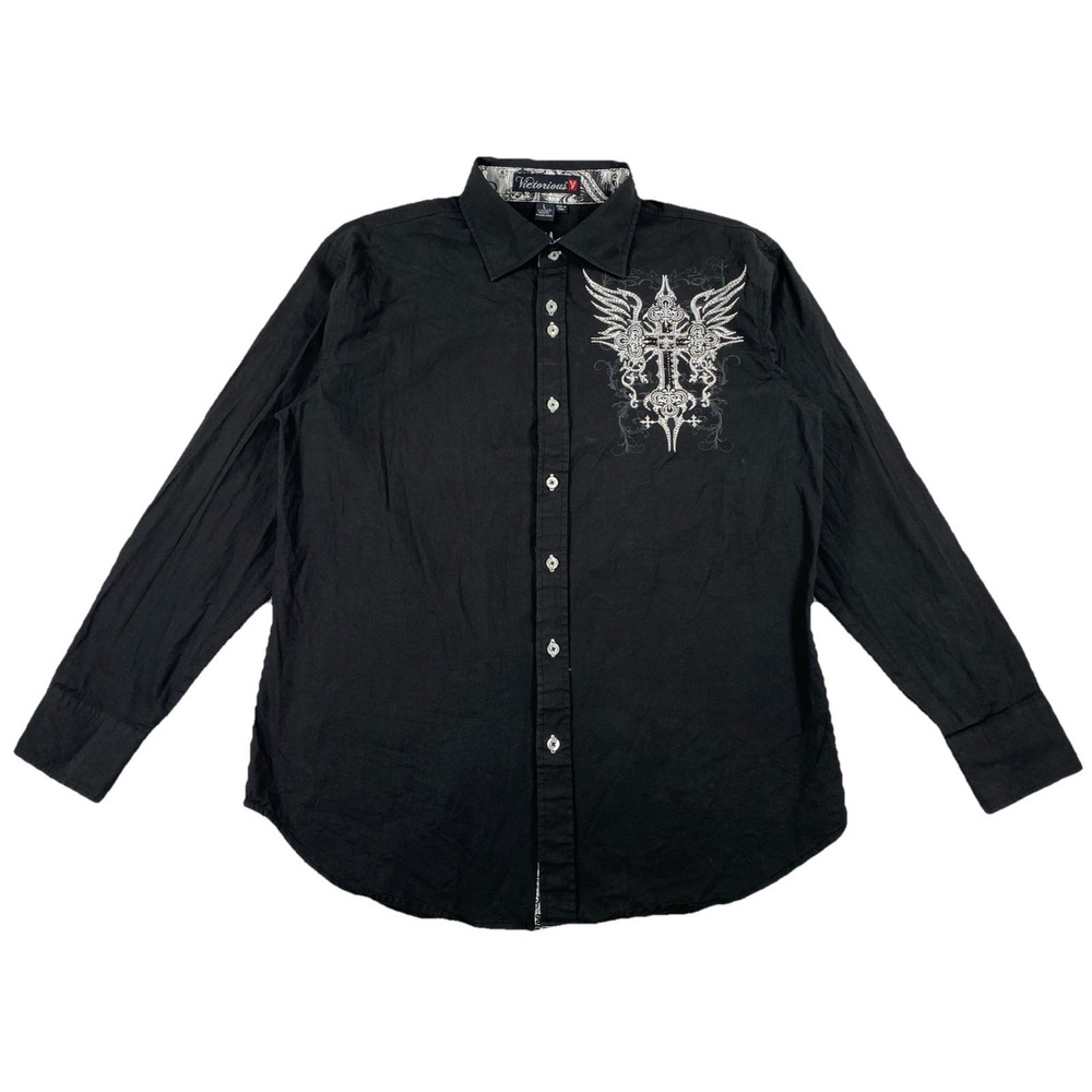 Victorious Button Up Shirt Black Crosses Bedazzled‎ Men's Large